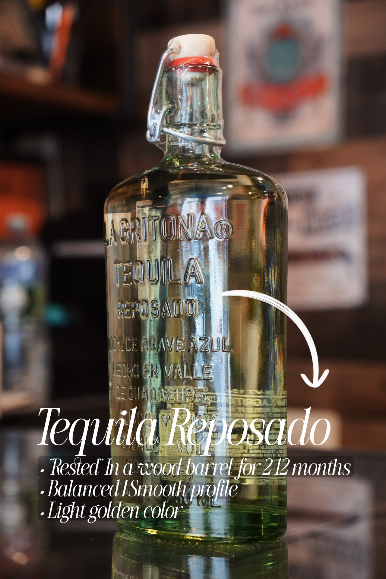 A swing-top bottle of La Gritona Tequila Reposado with a note that reposado rests in wood for two to twelve months