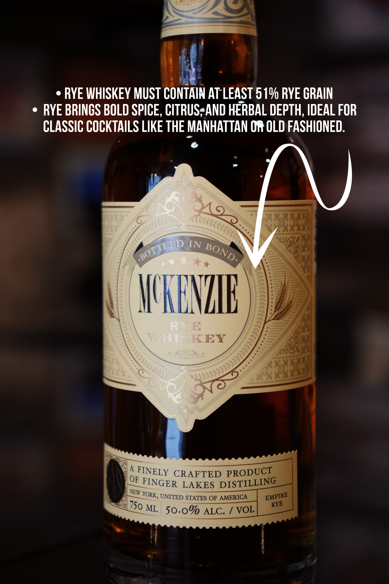 A bottle of McKenzie Bottled in Bond Rye Whiskey from Finger Lakes Distilling, with a note on what makes a rye