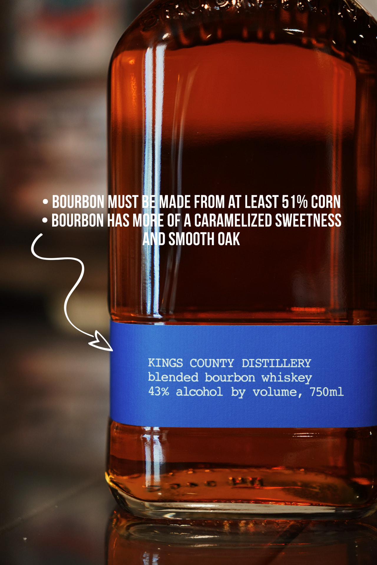 A close-up of a Kings County Distillery blended bourbon bottle with a note that bourbon must be at least 51% corn